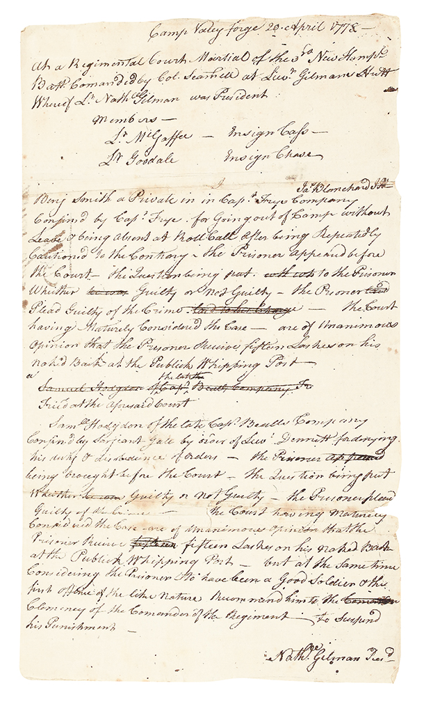 (AMERICAN REVOLUTION--1778.) Minutes of a regimental court martial at Valley Forge.